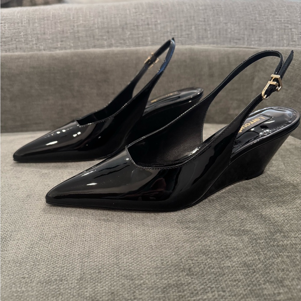 Larroude Loulou Glossy Black Slingback Pump Wedges